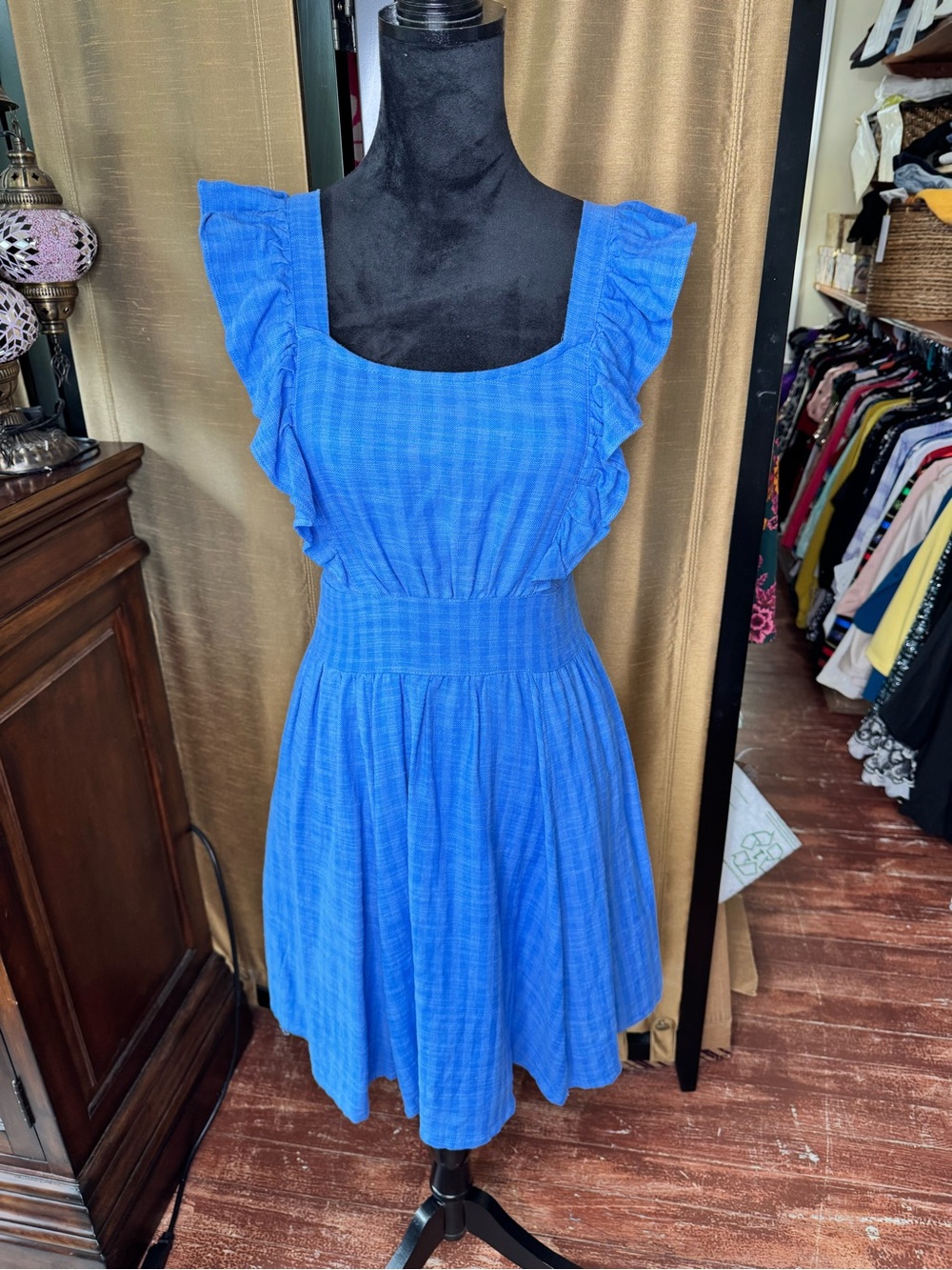 Glam Blue Ruffle Sleeve Tie Back Dress Size Medium Cotton Rayon Fit & Flare - Picture 2 of 7